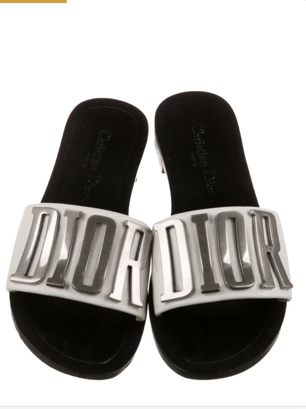Christian Dior White Leather Slide Sandals with Silver DIOR Logo. Like new!